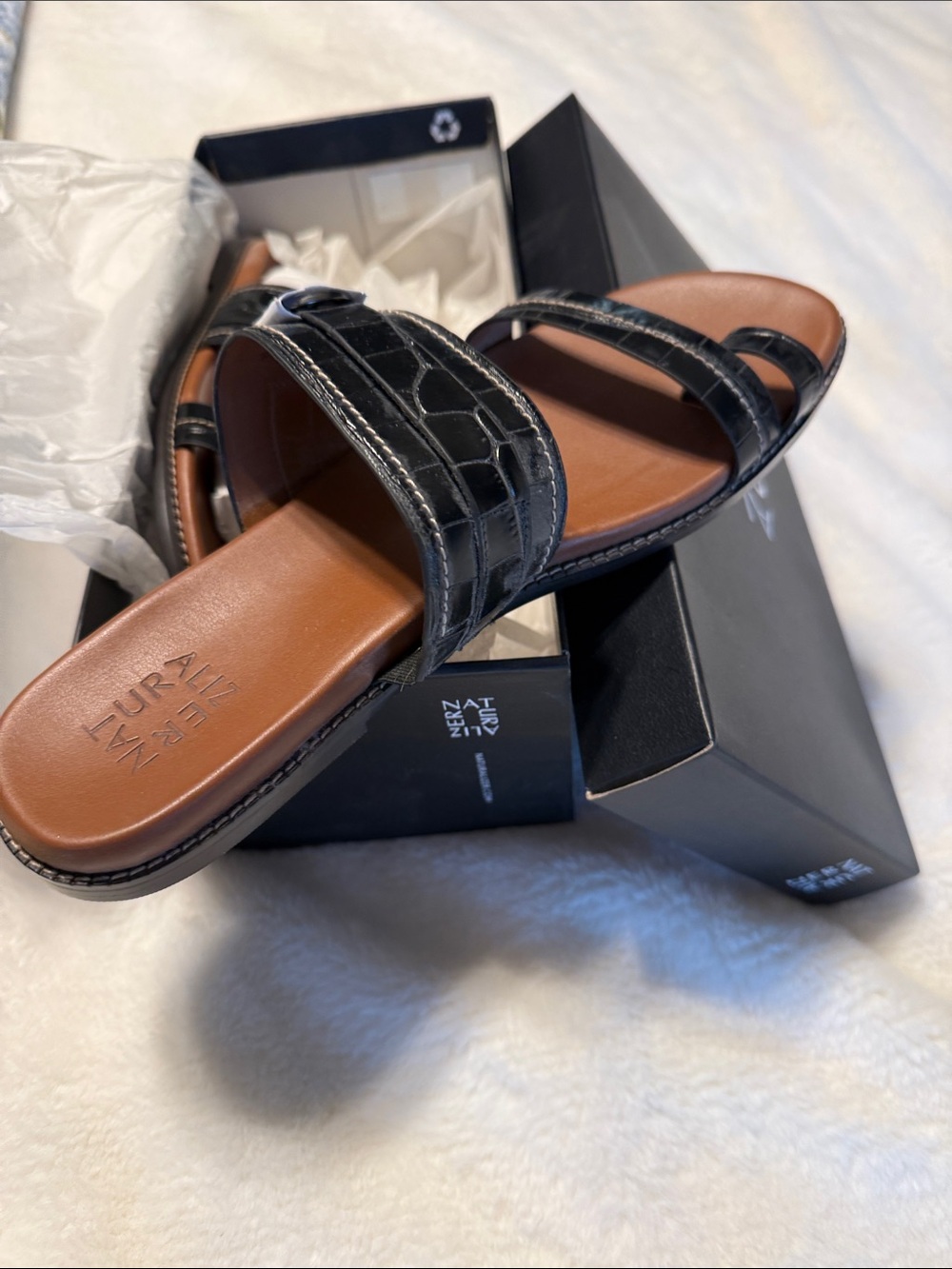 Naturalizer Black Croc-Embossed Double-Strap Slide Sandals
